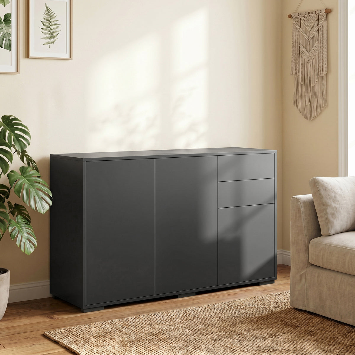 Aparador Móvel de Arrumação 2 Gavetas Deslizantes 3 Portas Prateleira Ajustável Painéis de Partículas 117x36x74 cm Preto — imagem 3