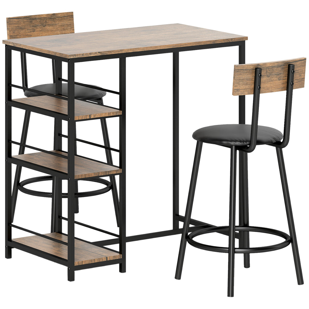 Conjunto de jantar 3 peças com mesa alta e 2 banquetas, conjunto compacto para cozinha com prateleiras laterais, MDF, metal, preto — foto 1