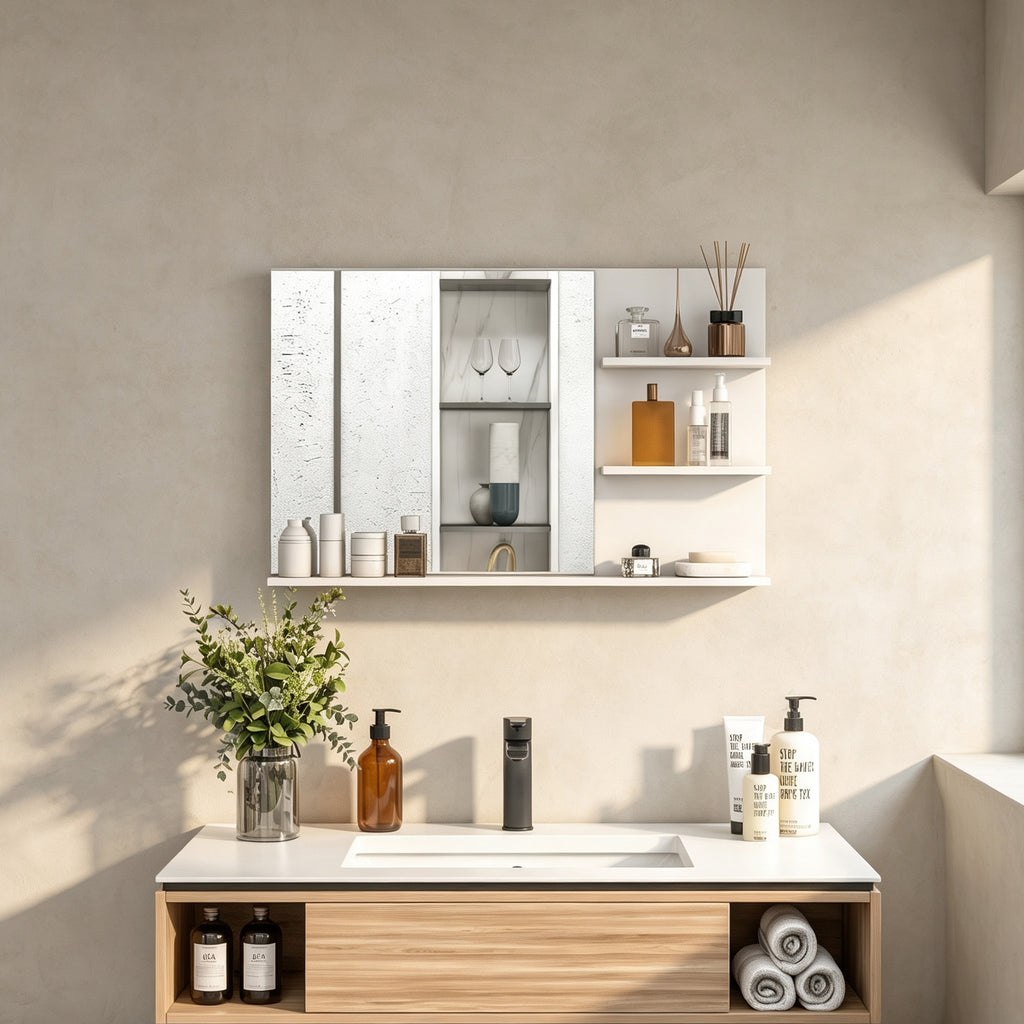 Espelho de Casa de Banho de Parede com 2 Prateleiras Laterais e Prateleira Inferior 75x10x48 cm Branco — imagem 3