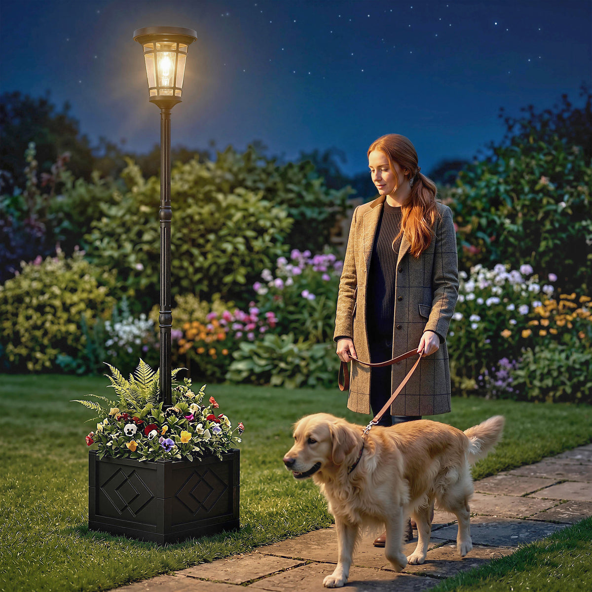 Candeeiro Solar Luminária de Poste com Vaso 195 cm Exterior Lanterna de Jardim com 2 Níveis de Luminosidade Controle de Luz Interruptor IP44 — imagem 6