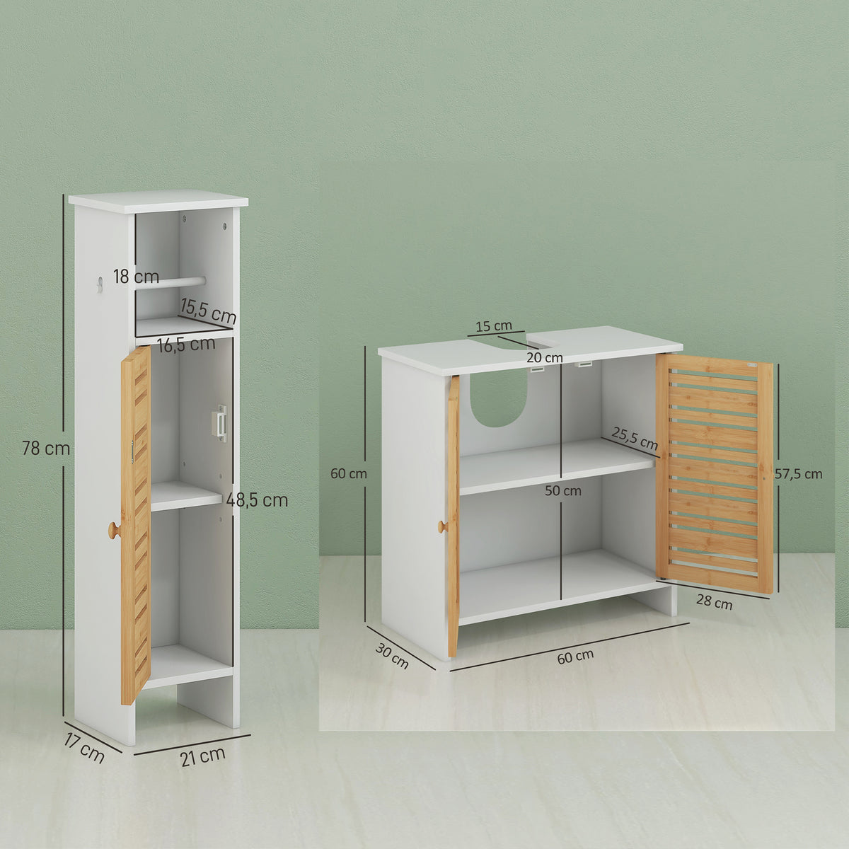Conjunto de Móveis para Casa de Banho Inclui 1 Móvel para Lavatório Pousar 1 Coluna Casa de Banho com Portas de Bambu Suporte para Papel Higiénico e Prateleiras Ajustáveis Branco e Madeira — foto 2
