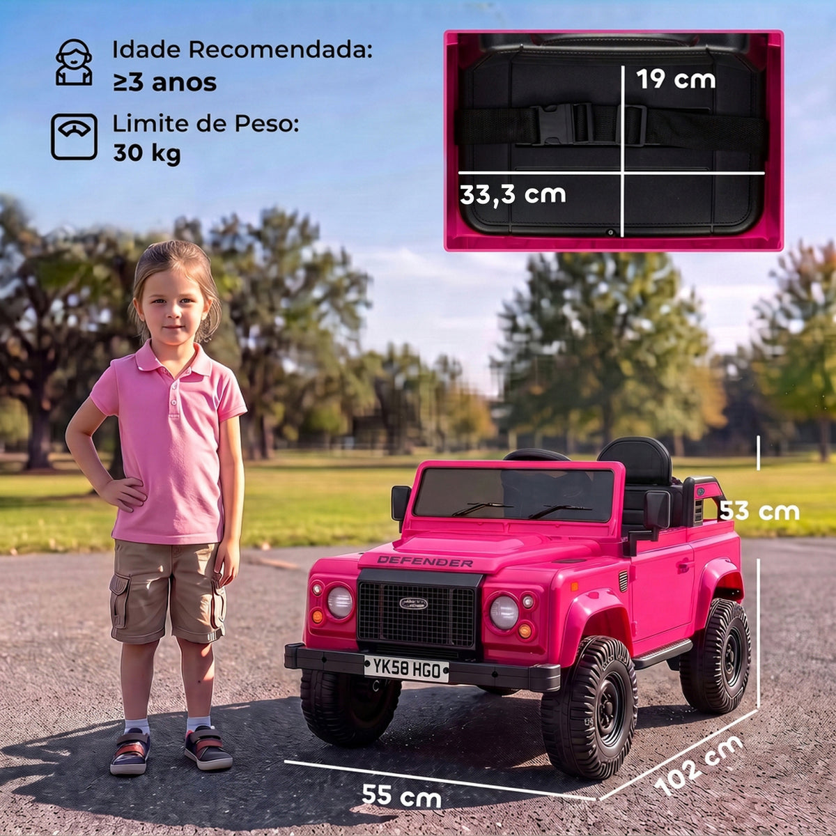 Carro Elétrico Infantil 12V Land Rover Defender com Licença Oficial, Comando e Bluetooth, Rosa, +3 Anos — foto 2