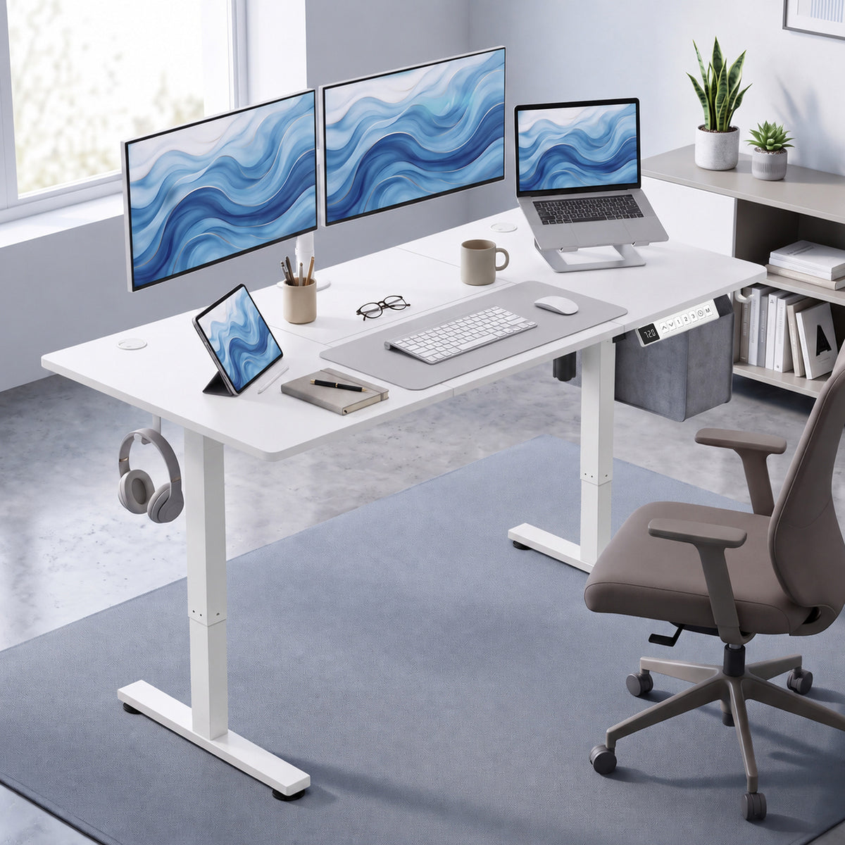 Secretária Elevatória Elétrica 140x70 cm, Altura Regulável 72-120 cm, 3 Memórias, Silenciosa, 2 Ganchos, 2 Passa-Cabos, Branca — imagem 3