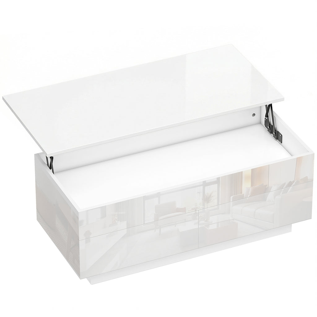 Mesa de Centro Elevável Mesa de Sala Moderna com Compartimento Oculto e 2 Gavetas Branco Alto Brilho — foto 1