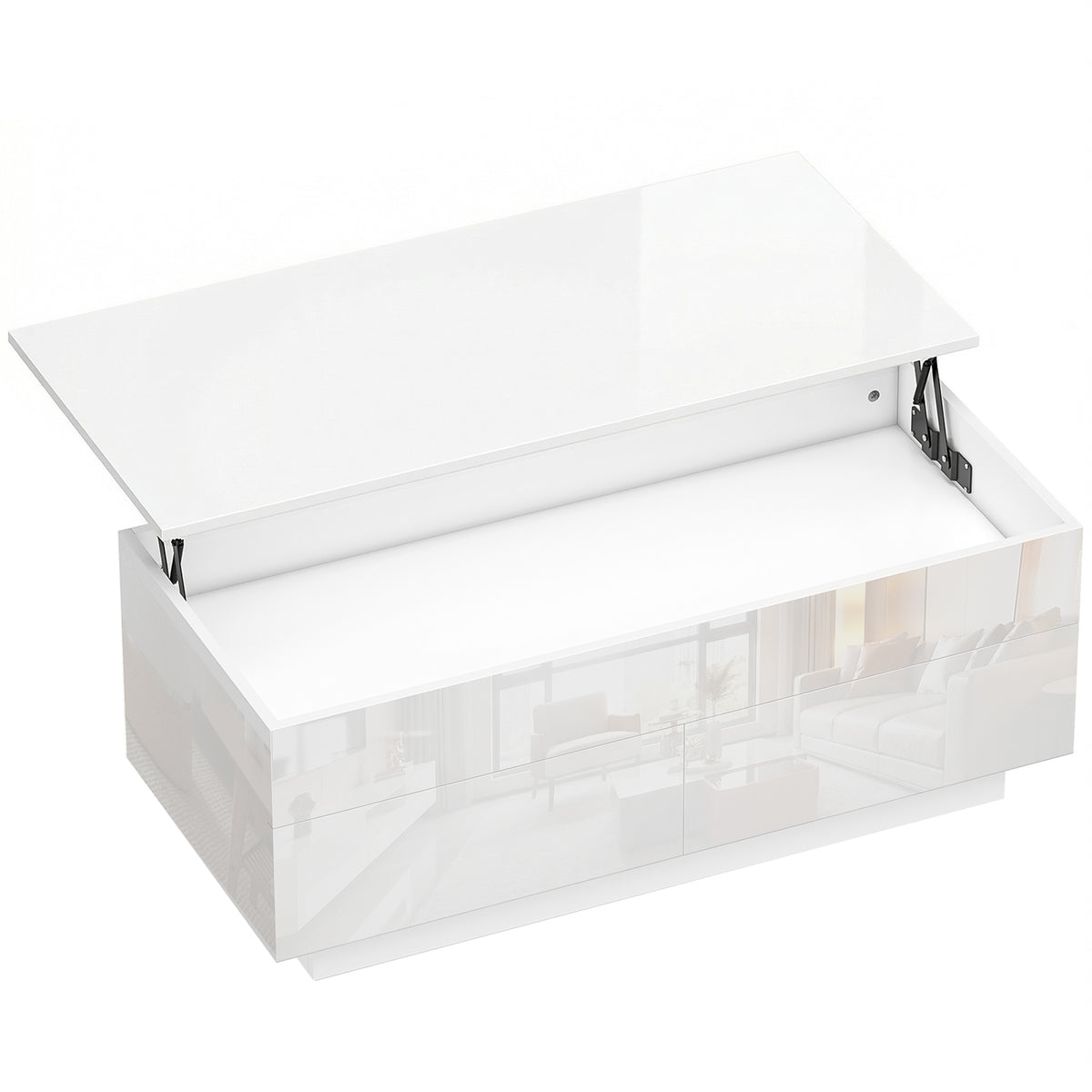 Mesa de Centro Elevável Mesa de Sala Moderna com Compartimento Oculto e 2 Gavetas Branco Alto Brilho — foto 1