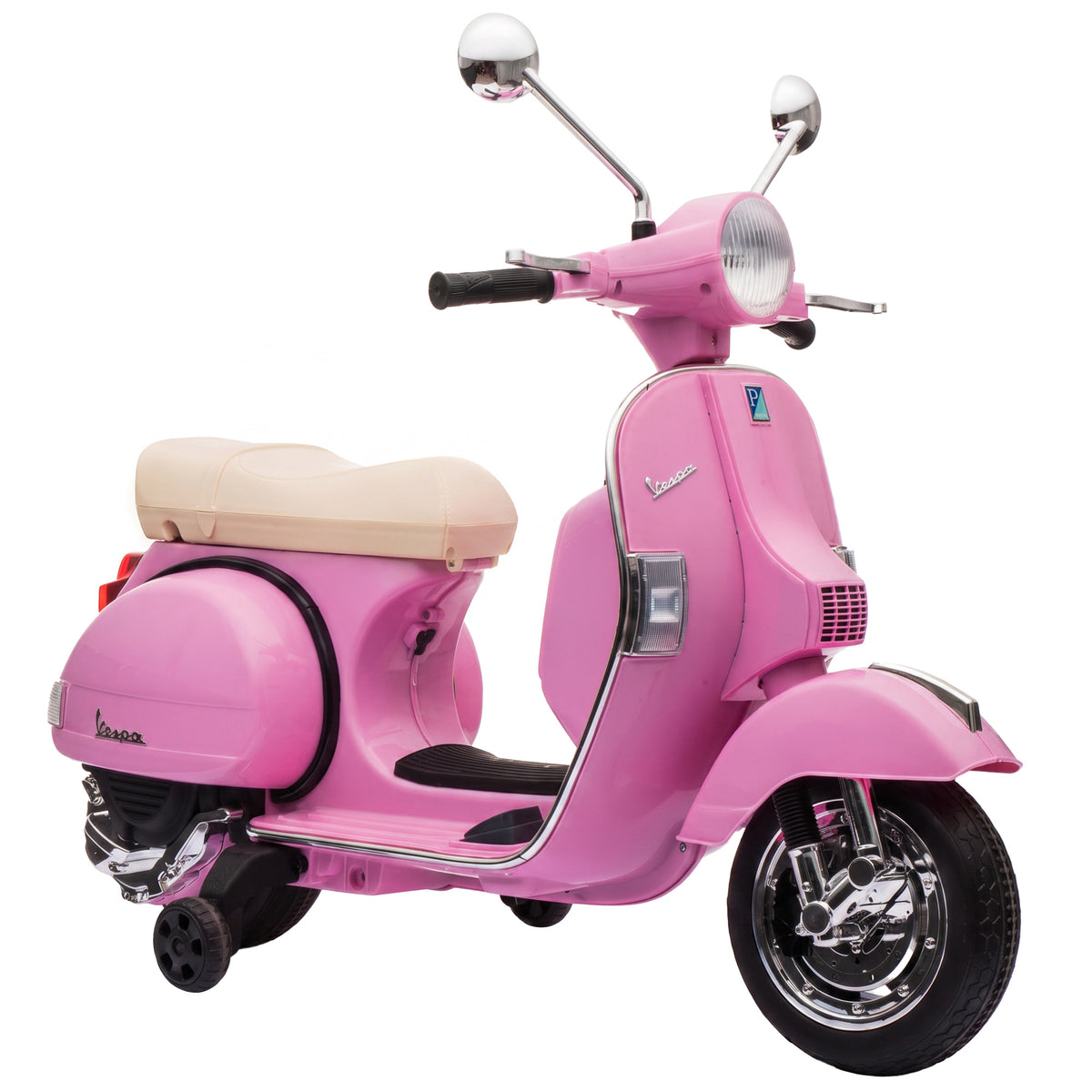 Mota Elétrica Infantil 12V Vespa PX150 com Rodinhas de Apoio, 2 Motores, Suspensão Traseira, Música e Faróis, 3 km/h, Rosa — foto 1
