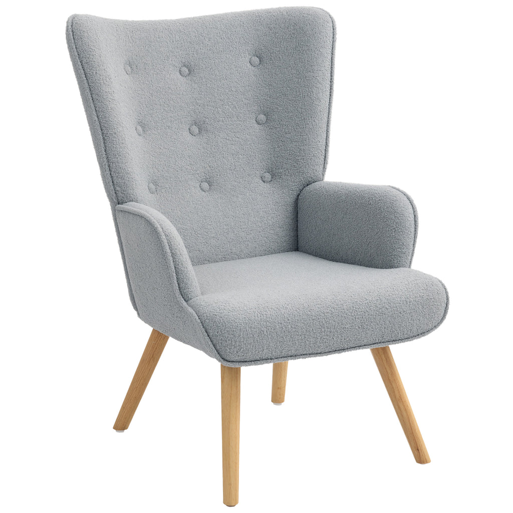 Poltrona de Sala em Tecido Bouclette Poltrona Capitonê e Acolchoada com Pés em Madeira 71x74x96 cm Cinza Claro — foto 1