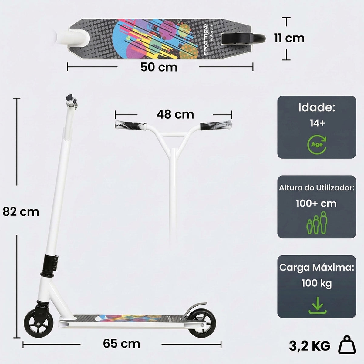 Trotinete Acrobática para Truques com Plataforma em Alumínio, Rolamentos ABEC-7, Rodas 100 mm e Guiador 360°, Branco — foto 2