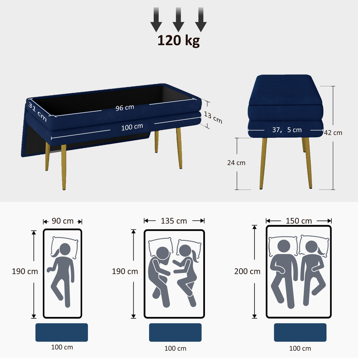 Banco Baú de Arrumação 2 em 1 Assento Efeito Veludo e Pés de Aço 100x37,5x42 cm Azul e Dourado — foto 2