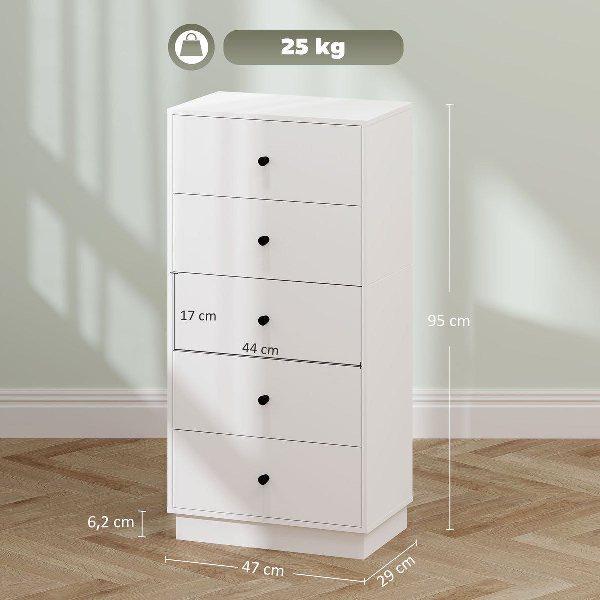 Cómoda Aparador com 5 Gavetas Móvel em Painel de Madeira Estilo Moderno 47x29x95 cm Branco — foto 2