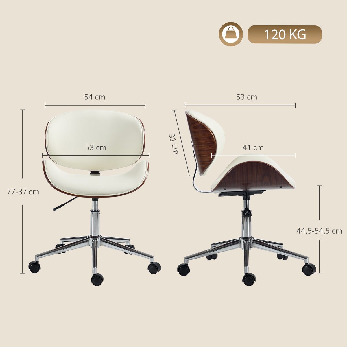 Cadeira de Escritório Design Vintage, Altura Regulável, Giratória 360°, Revestimento Sintético, 53x53x87cm, Creme — foto 2