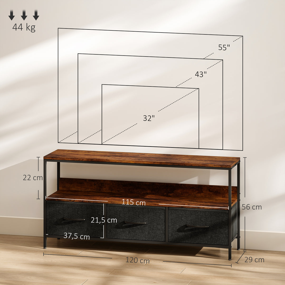Móvel Tv Móvel para Televisão Até 55" com 3 Gavetas e Pés em Aço 120x29x56 cm Castanho Rústico e Preto — foto 2