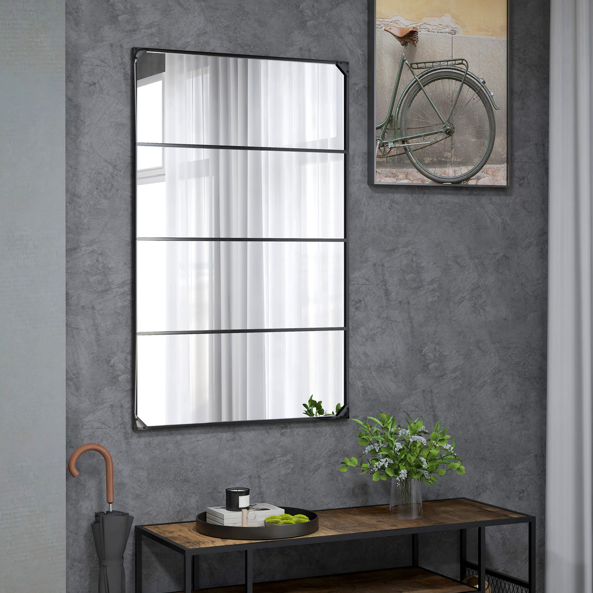 Espelho de Parede Estilo Verrière 109x69 cm Metal Preto 4 Ganchos — imagem 3