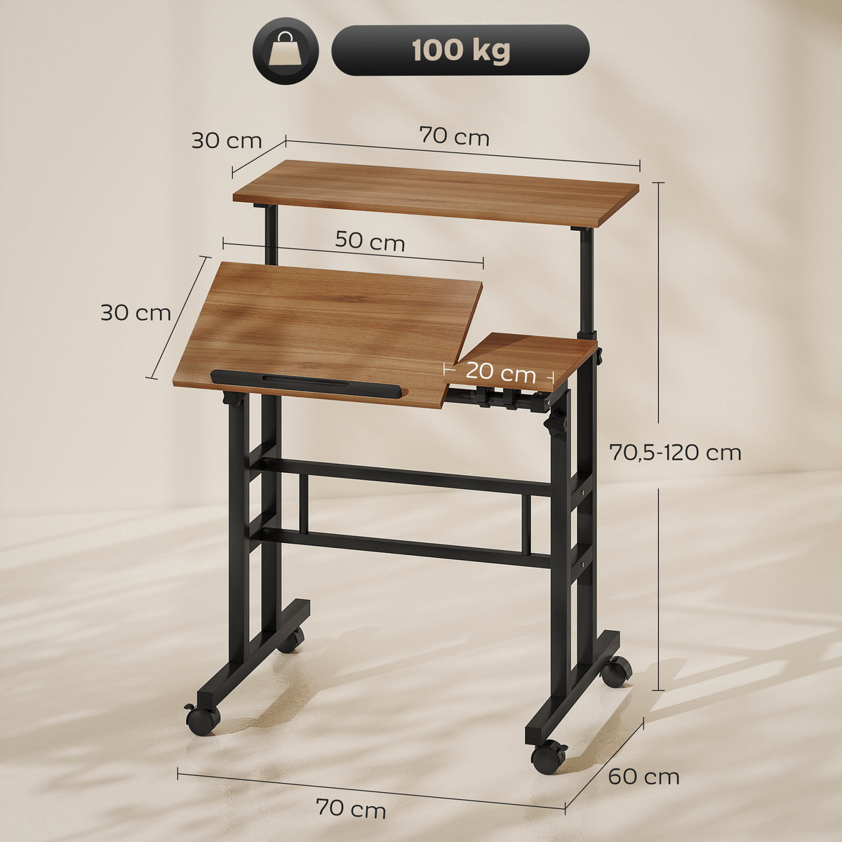 Secretária Regulável 70x60 cm com Tampo Inclinável e Rodízios Cor Madeira e Preto — foto 2