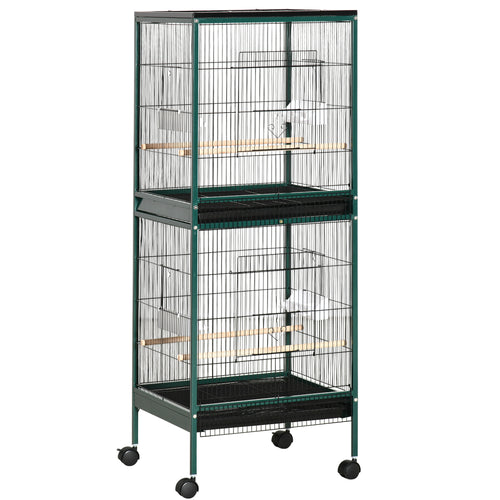 Grande Gaiola para Pássaros em Pé Dupla com Comedouros Poleiros Bandeja Removível Rodízios 51,5x50x140 cm