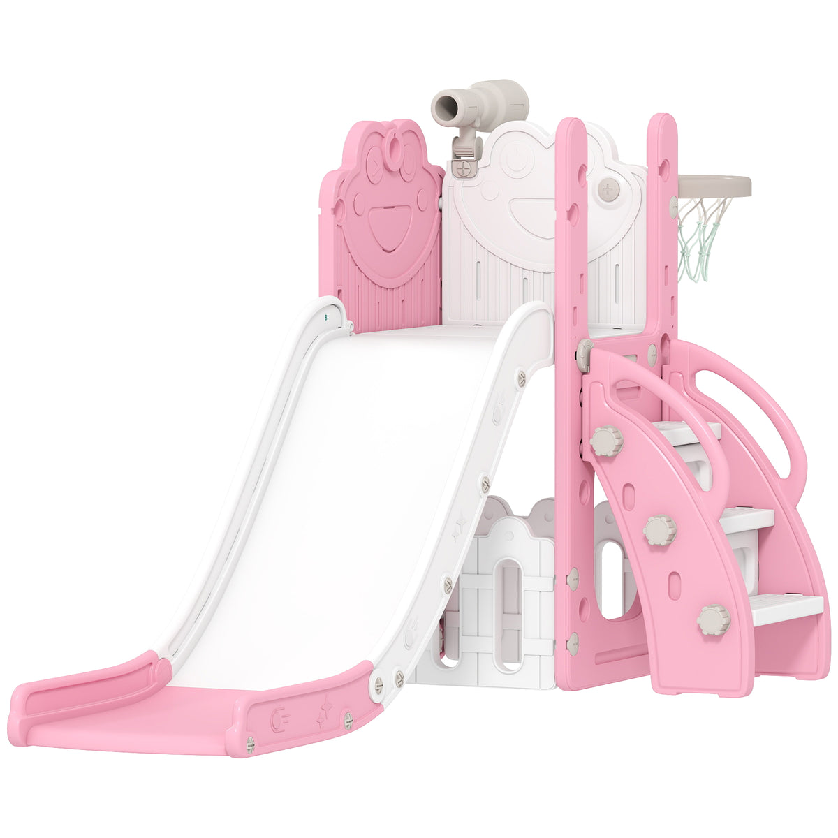 Conjunto de escorrega 5 em 1, telescópio, cesto de basquete, HDPE, plástico, Rosa+Branco — foto 1
