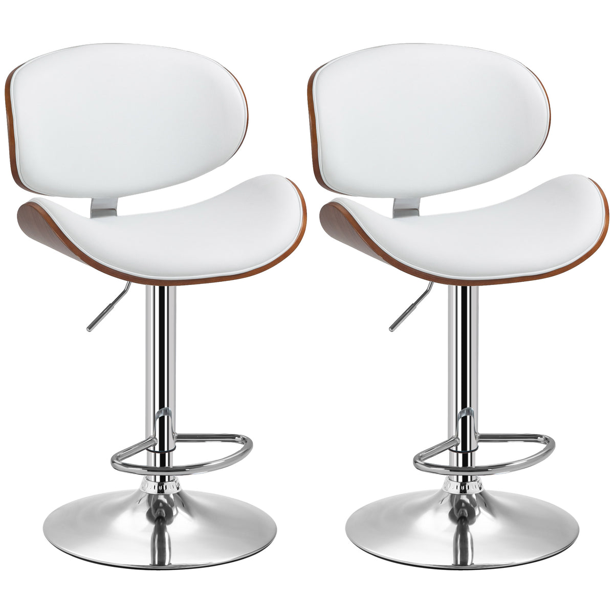 Conjunto de 2 Bancos de Bar Altura Ajustável com Encosto Estofados em Pu 53x52x(92-112) cm Madeira e Branco — foto 1