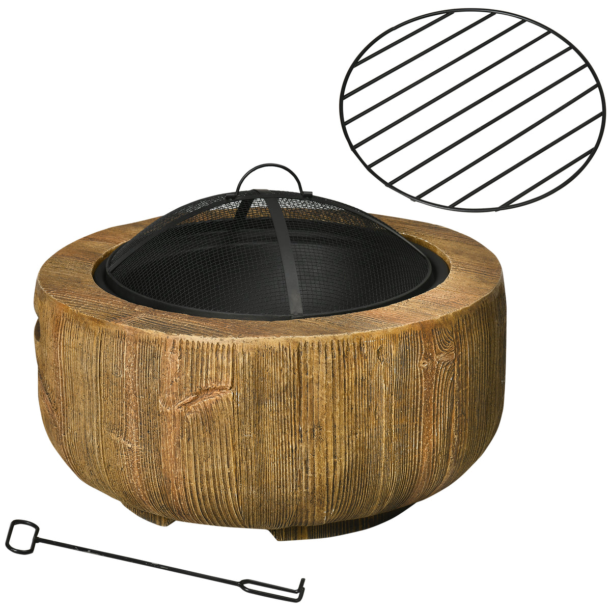 Bacia de Fogo com Design de Toco, Grade Contra Fagulhas, Grelha para Carvão, Gancho, Ø61,5 x 39 cm — foto 1