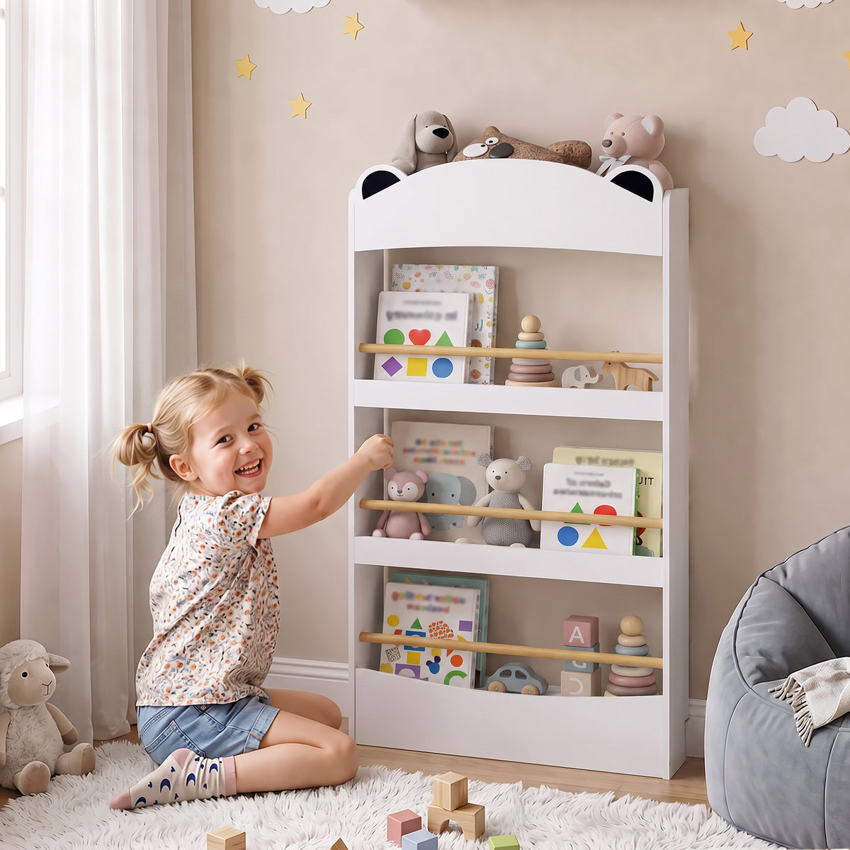 Estante Infantil para Livros de 4 Níveis, Montagem na Parede, para Quarto, Cantinho de Leitura e Sala de Brincar, Branco — imagem 3