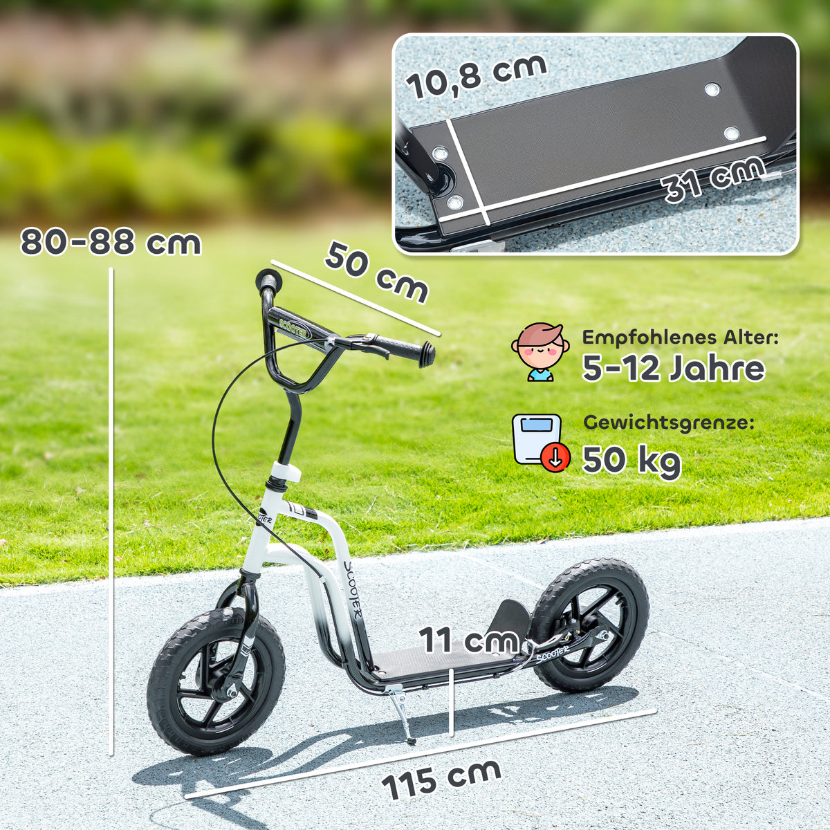 Patinete infantil com guidão ajustável, rodas grandes, suporte de estacionamento, freio de mão, para crianças de 5-12 anos, Branco — foto 2