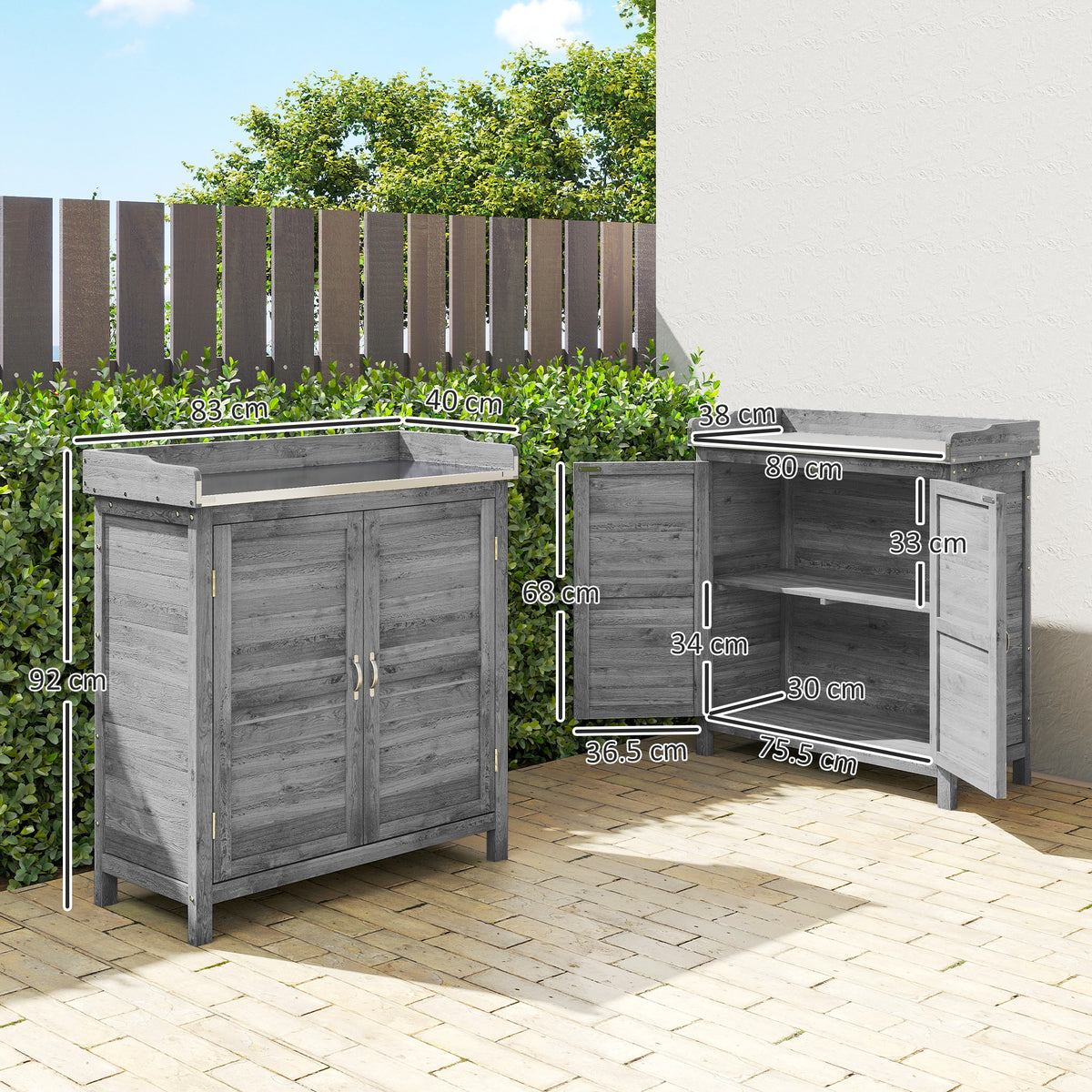 Mesa de Plantio com Armário Inferior em Madeira Armário de Jardim Exterior com Tampo Galvanizado 2 Prateleiras Cinza — foto 2