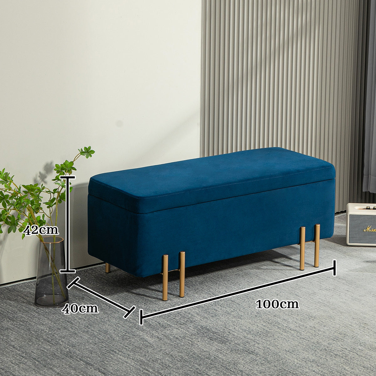 Banco-baú, Banco estofado com armazenamento, Metal, madeira de seringueira, Espuma, 100 x 40 x 42 cm, Azul escuro — foto 2