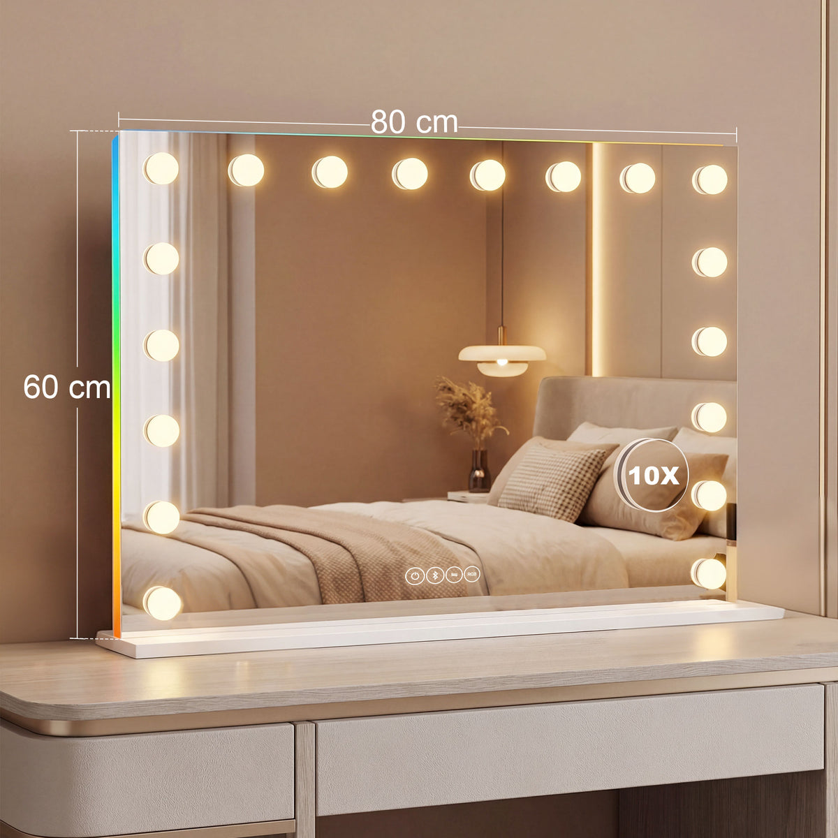 Espelho de Maquilhagem Hollywood com 18 Lâmpadas LED Dimáveis 3 Cores Luz RGB Altifalante Bluetooth Ampliação 10x Branco — foto 2