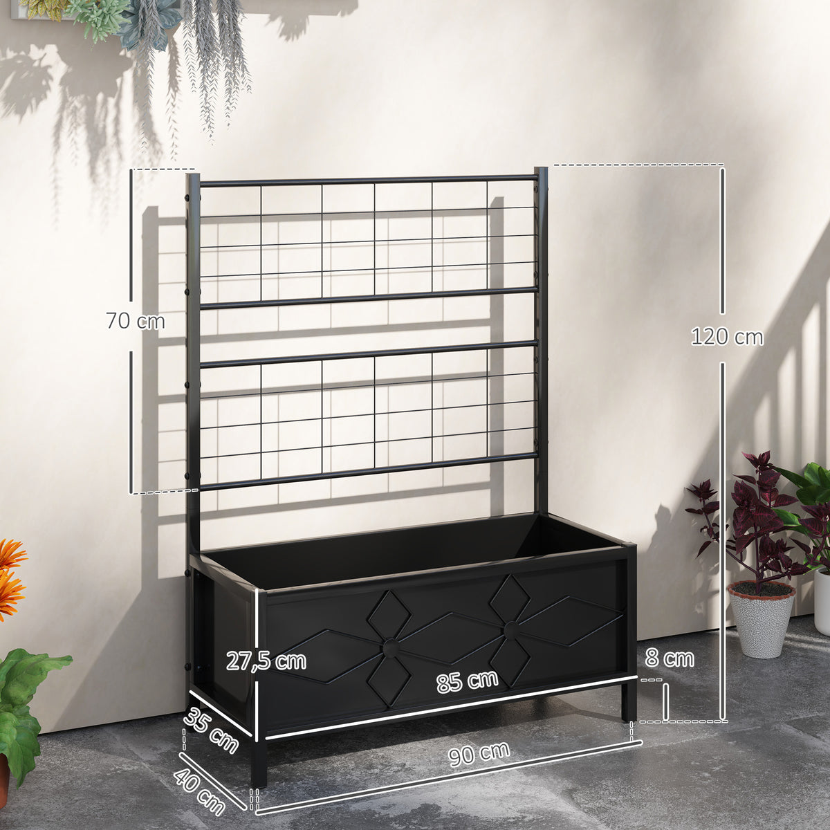 Jardineira Elevada para O Jardim com Treliça Aço Galvanizado com Padrão de Losango 90x40x120 cm Preto — foto 2