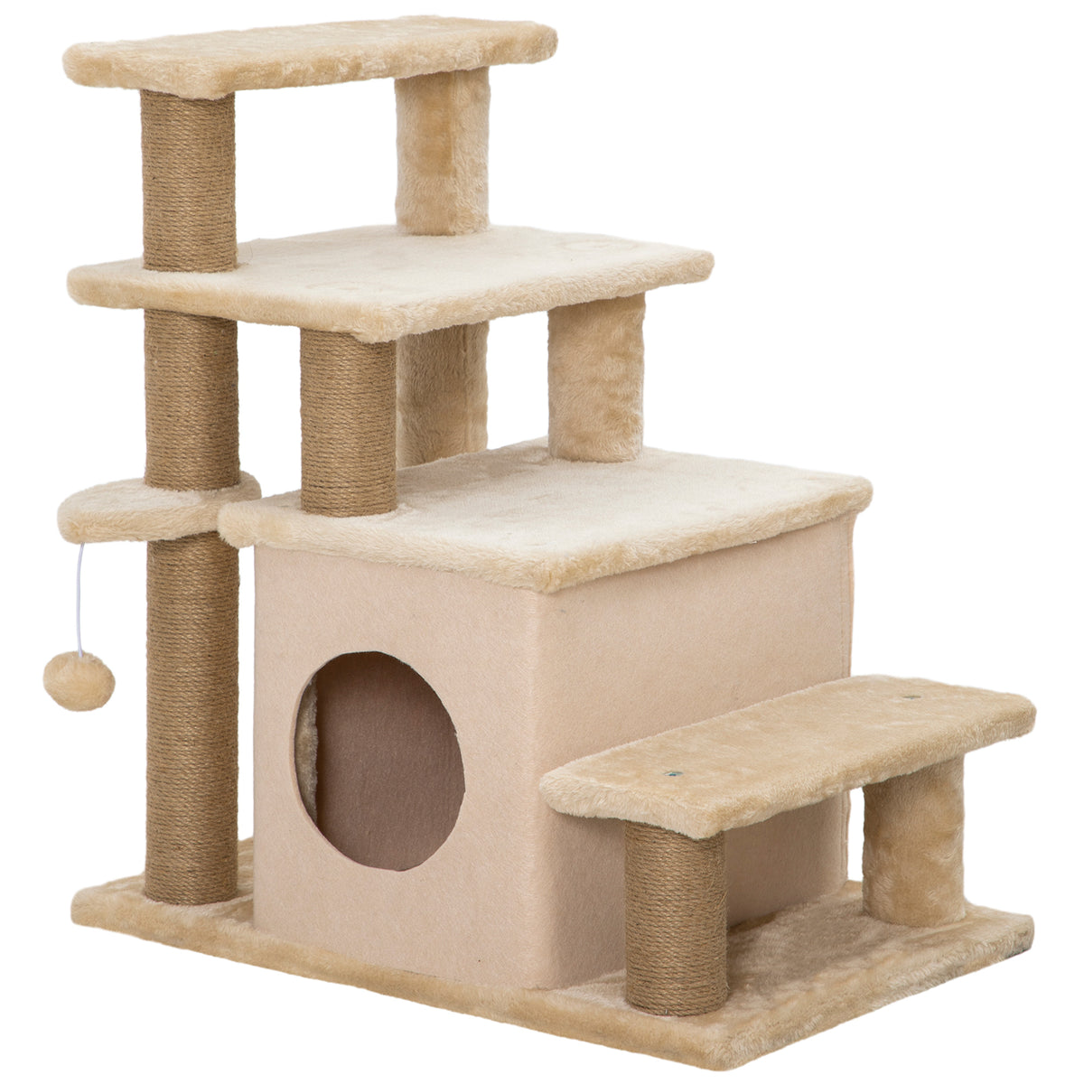 Escada para Animais Arranhador 4 Degraus Bola de Brinquedo Casinha Altura Ajustável 60x40x66 cm Bege — foto 1
